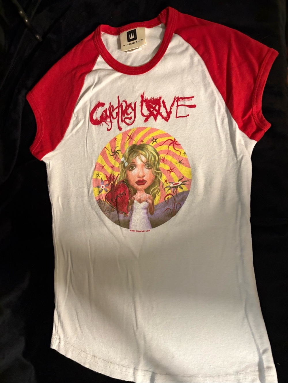 VTG 2001 Courtney Love Winterland Raglan Baby Tee Shirt Red White Hole Y2K